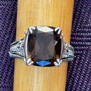 Sterling Silver CNA Signed 925 Smokey Topaz Filigree Art Deco Ring Size 6